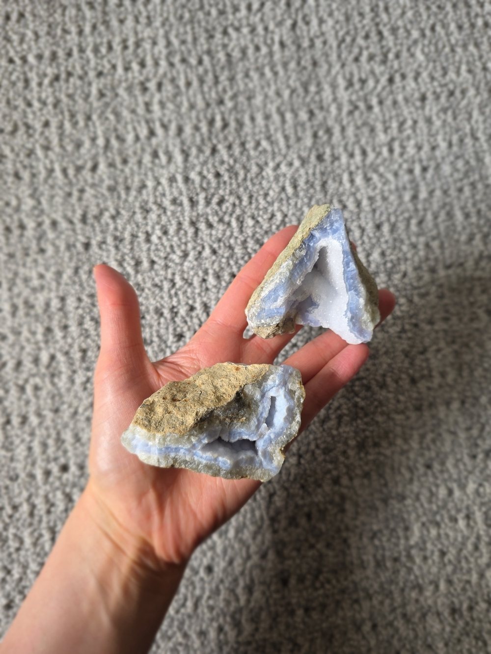 Blue Lace Agate Geode Pair - Natural Crystal Display